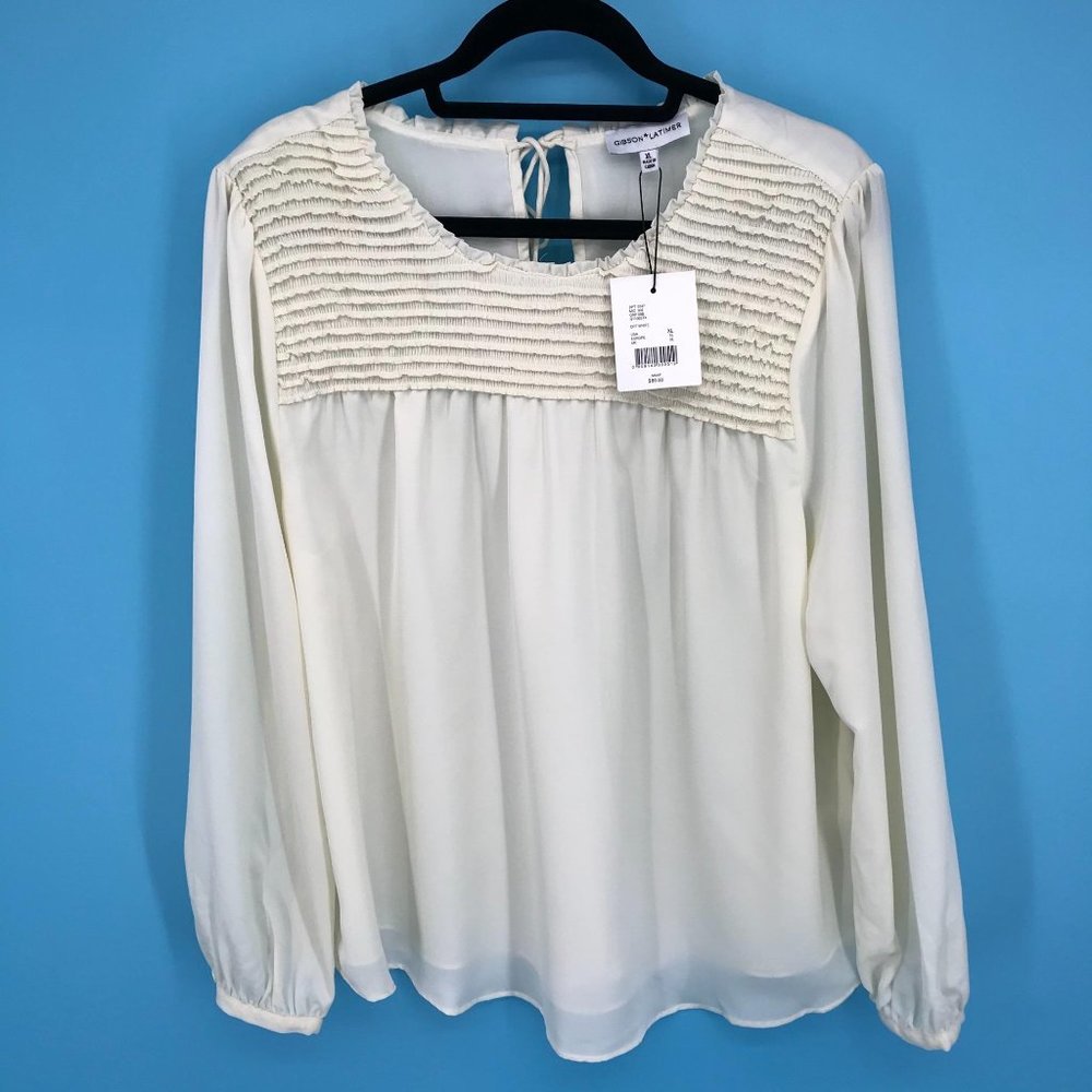 NWOT Gibson Latimer Smocked Lace Up Back Blouse XL